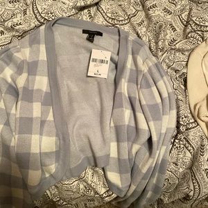 blue and white crop button up